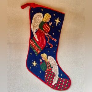 Vintage Handmade Needlepoint Christmas Stocking Angels Bethlehem Stars